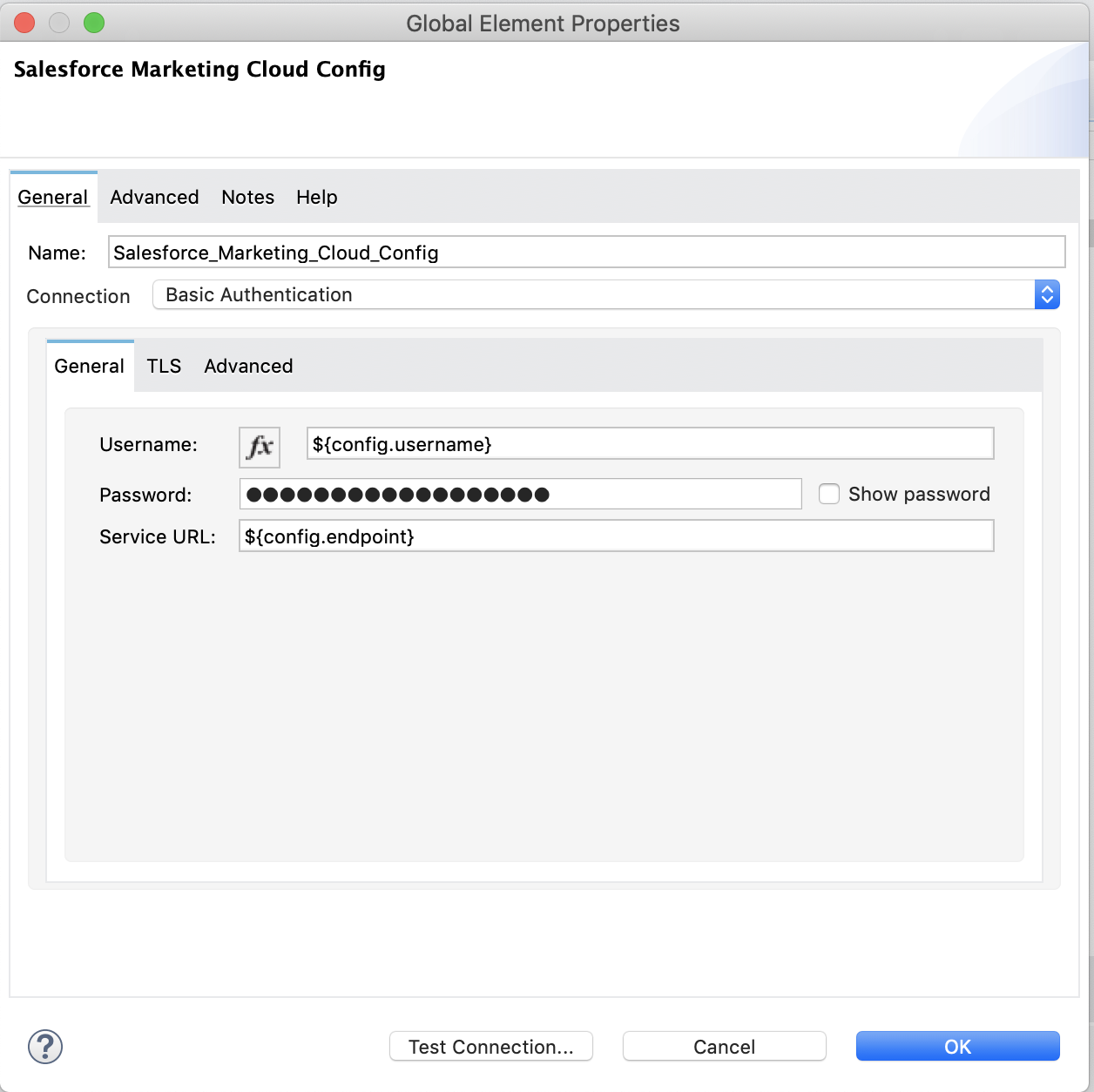 Global element properties window for Basic Authentication