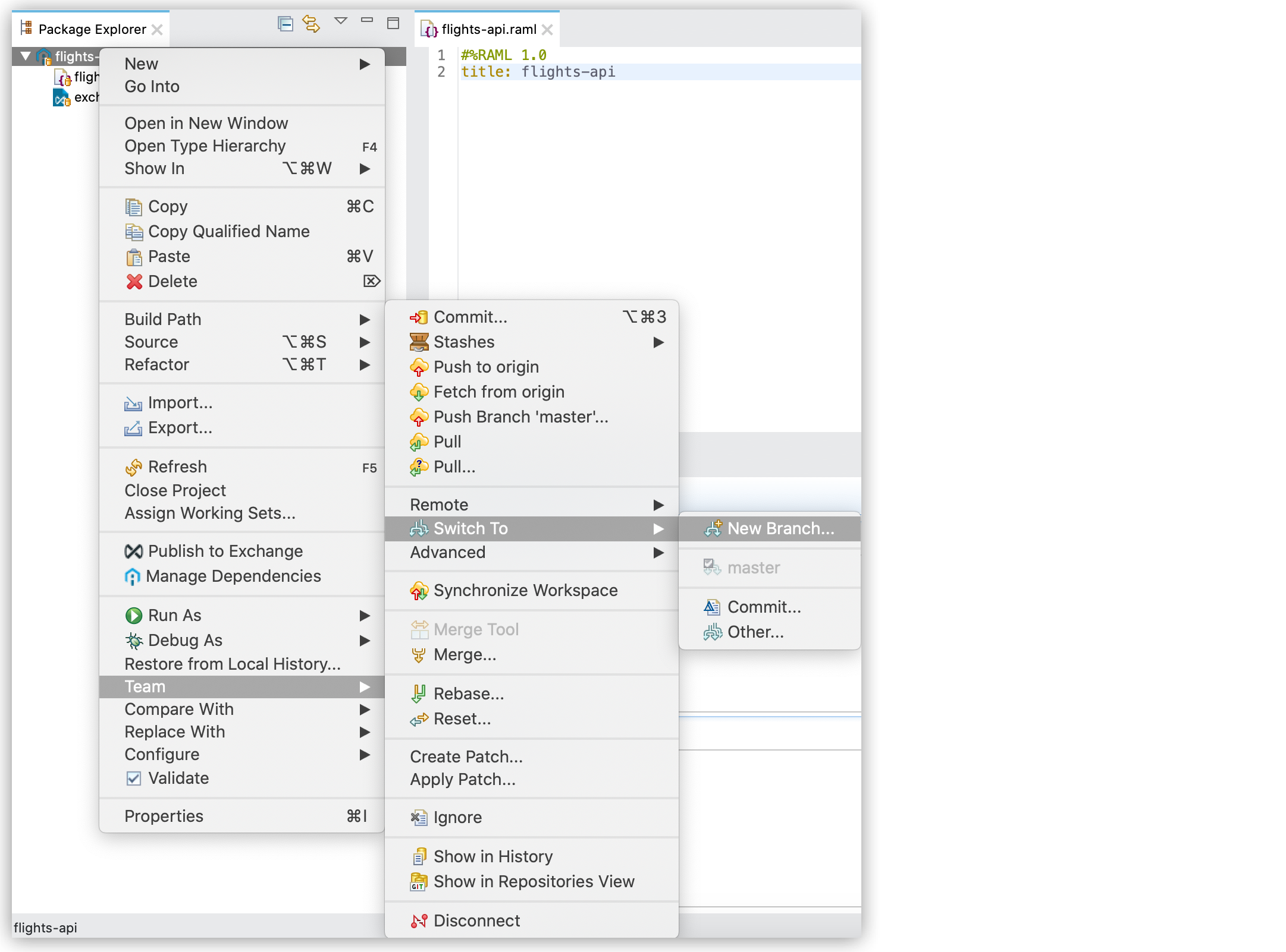 New branch highlighted in the context menu