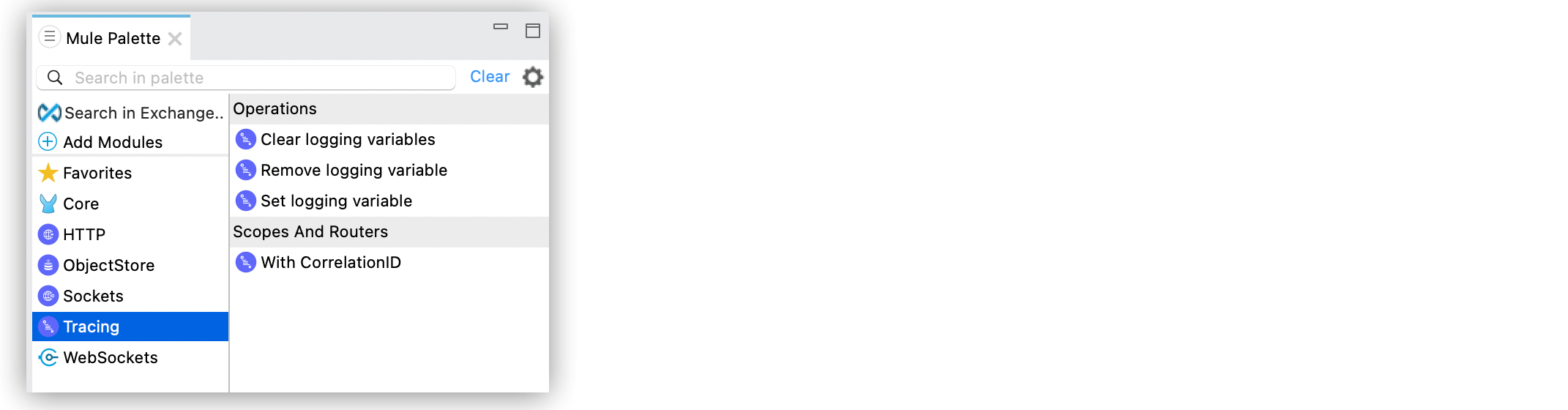 A Mule Palette including Tracing module operation and scope in Anypoint Studio