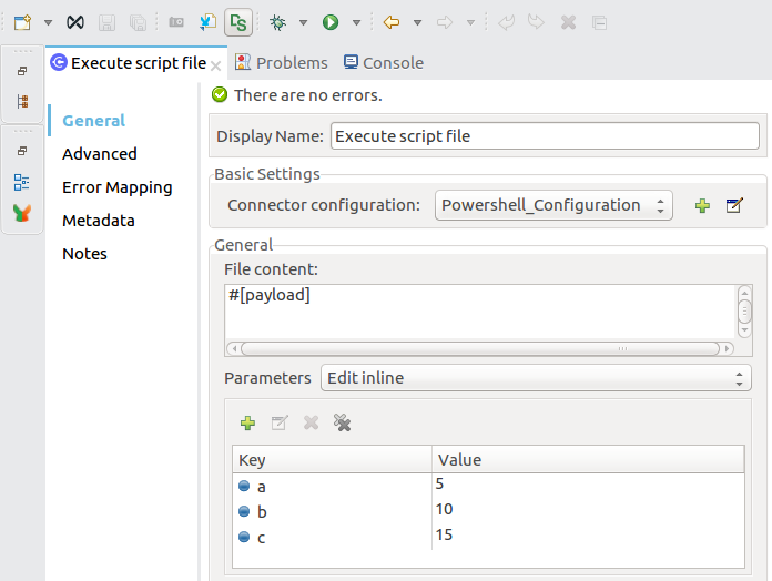 ["Execute script file operation configuration values in properties window"